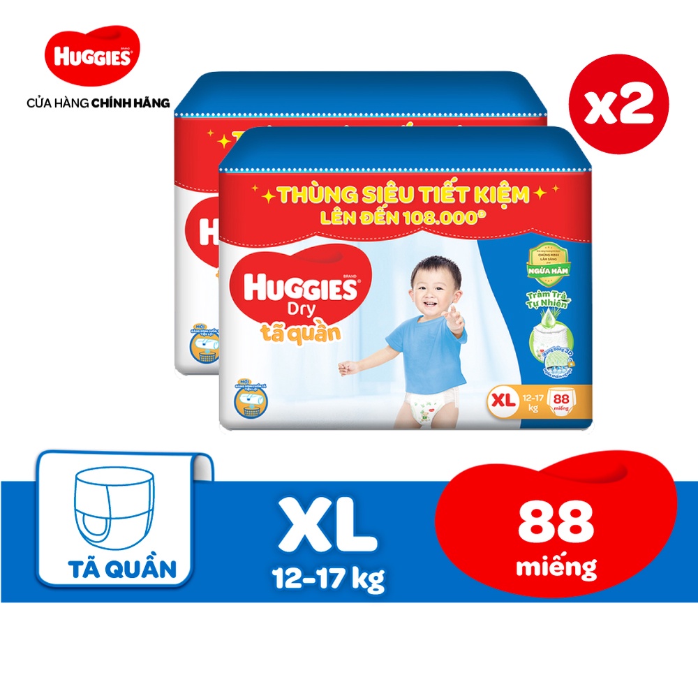 Combo 2 Thùng Tã quần Huggies Tràm Trà Tự Nhiên Dry Pants Mega Jumbo XL88