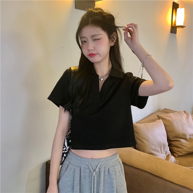 Áo Thun Cotton Tay Ngắn Cổ Chữ V Eo Cao Phong Cách Retro Hồng Kông Cho Nữ