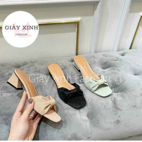 Dép nữ quai mảnh gót vuông da văn Mã S31