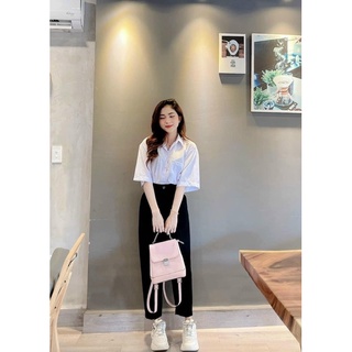 Áo sơmi tay lỡ trắng xanh