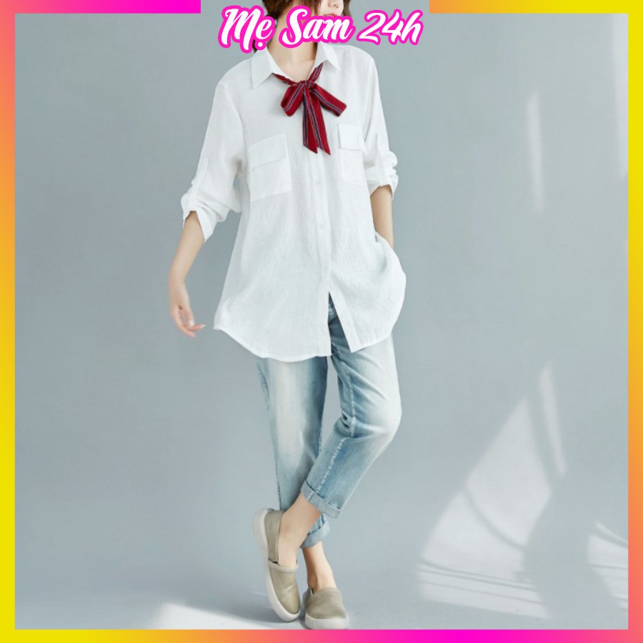 Áo sơ mi nữ dài tay form rộng, sơ mi đũi Mẹ Sam 24h, chất liệu mềm mát, size từ 40 đến 85kg SMH.47