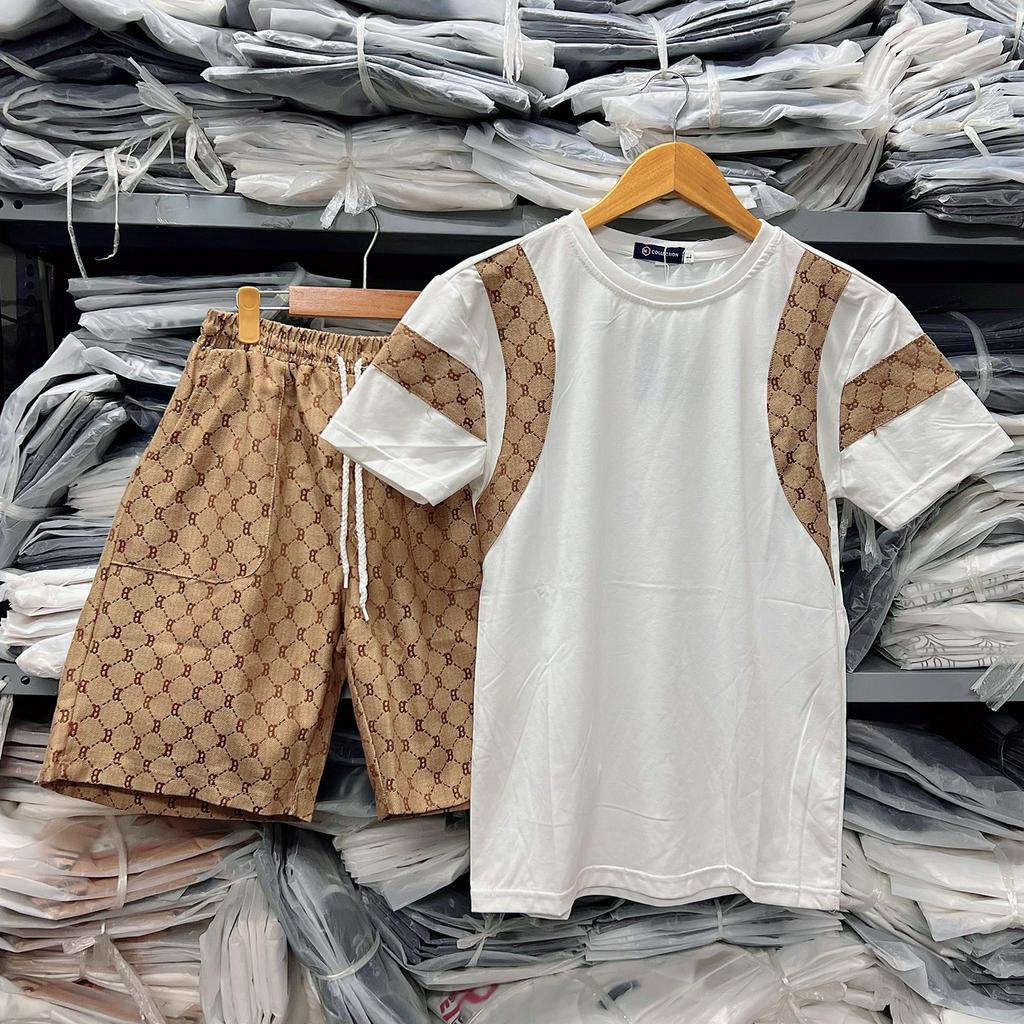 Set quần áo thun nam cổ tròn tay ngắn phối, vai tay họa tiết vàng chữ B, bộ đồ thời trang hè hot trend