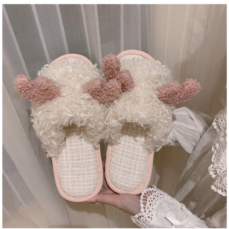 [08CAM] Dép bông nỉ lông xù có sừng cute hàng sẵn