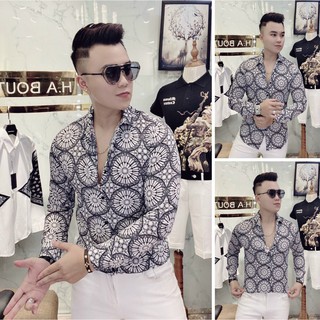 Áo sơ mi nam dài tay họa tiết trống đồng vải lụa Hàn cao cấp, co dãn, mềm mịn, không nhăn, không xù, thoáng mát
