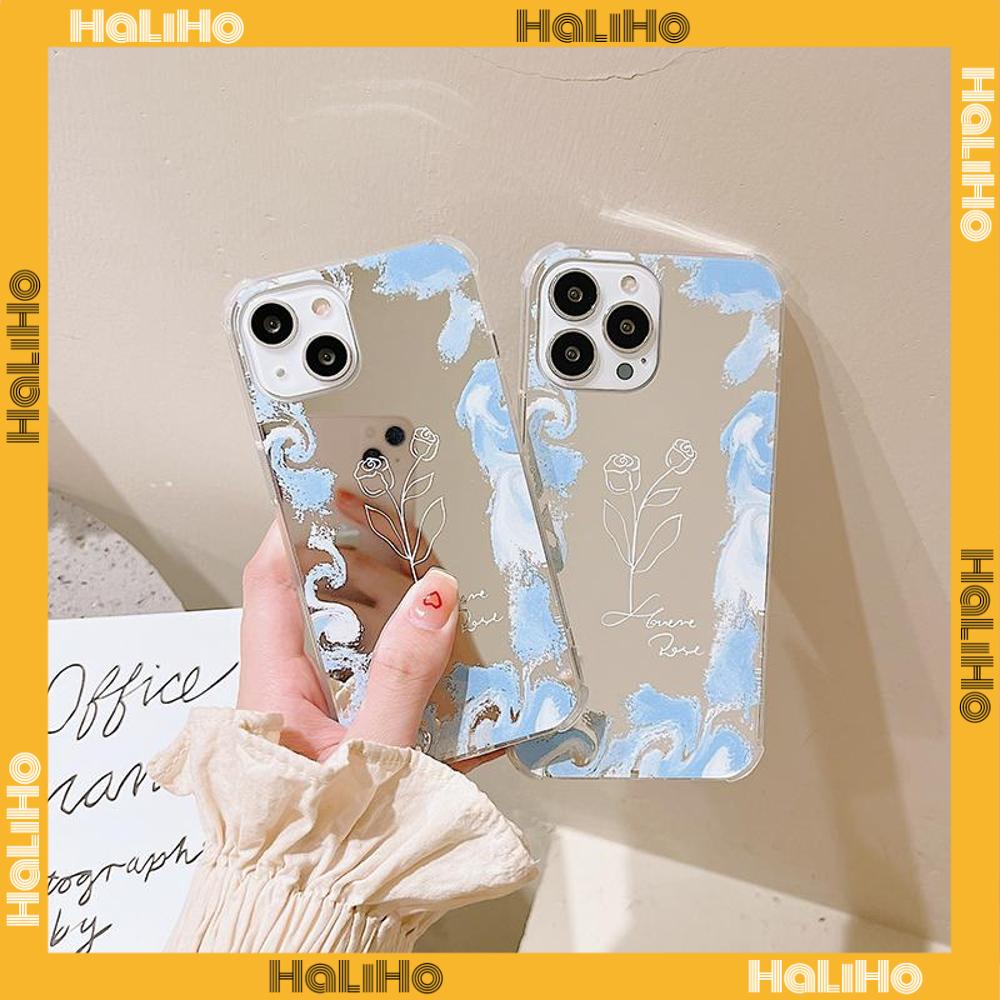 iPhone Case Acrylic HD Makeup Mirror Airbag Shockproof Protection Camera Blue Rose Flower Compatible For iPhone 11 iPhone 13 Pro Max iPhone 12 Pro Max iPhone 7 Plus iPhone xr