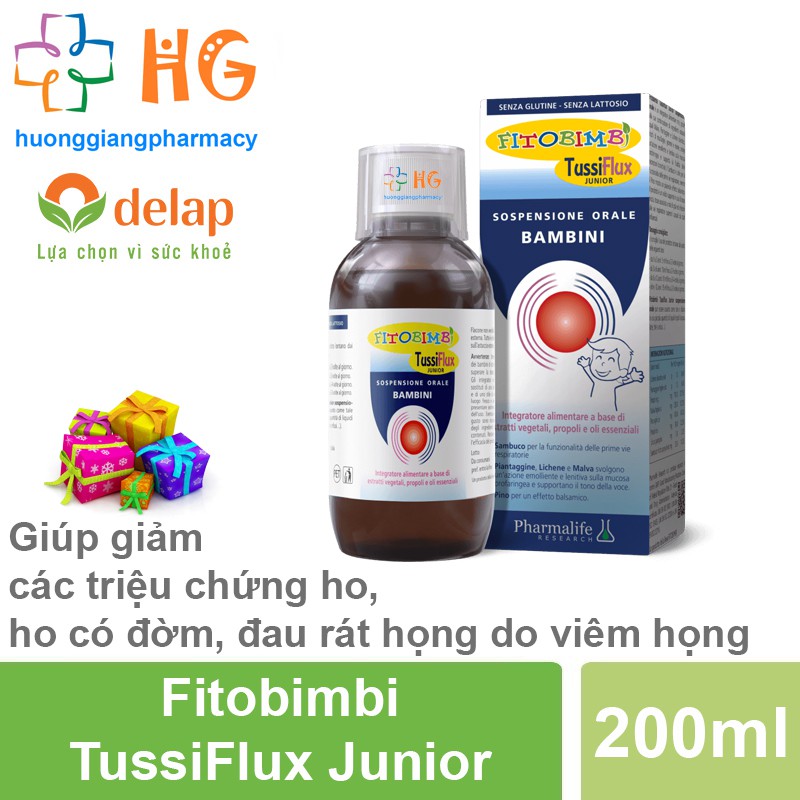 Fitobimbi Tussiflux Junior, siro ho cho bé, giúp giảm các triệu chứng ho, ho có đờm, đau rát họng do viêm họng