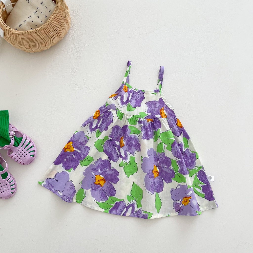 Đầm Hai Dây Họa Tiết Hoa Xinh Xắn Cho Bé Gái