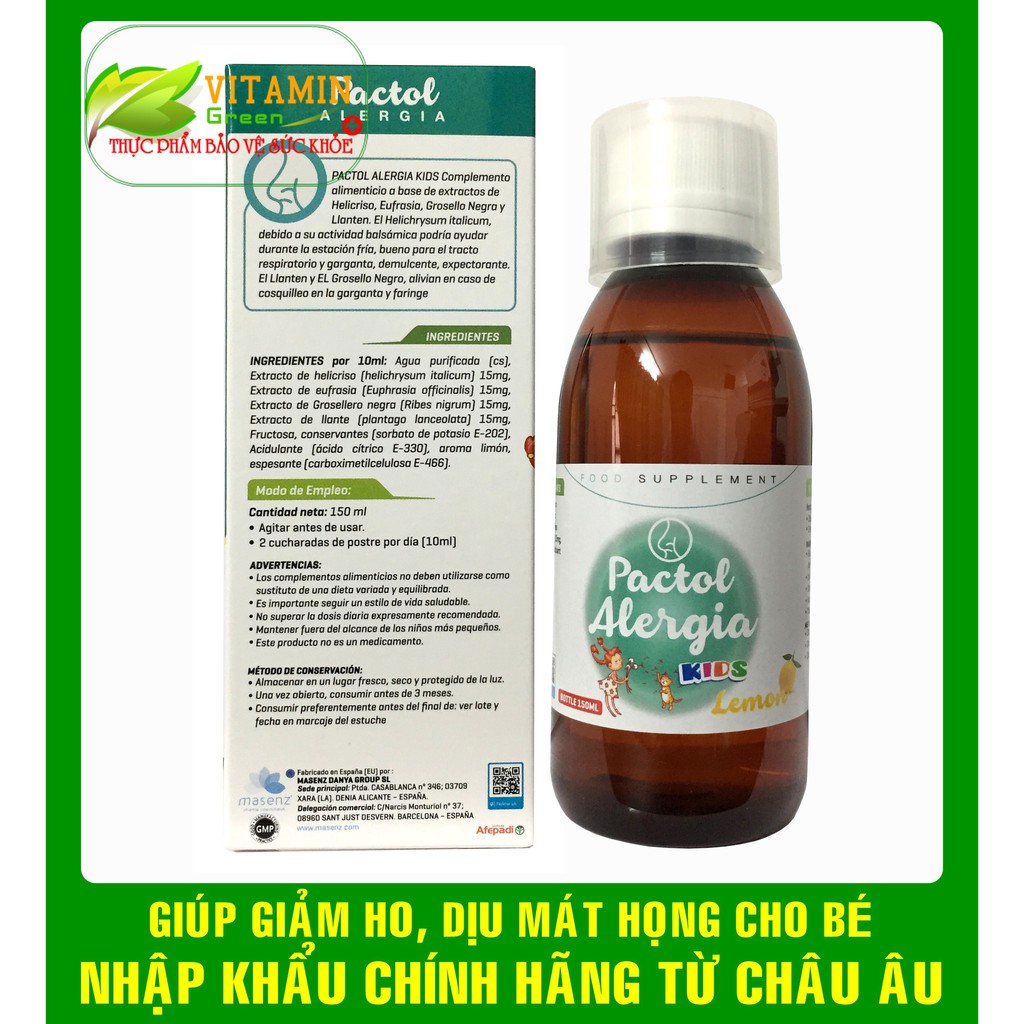 PACTOL ALERGIA KIDS GIÚP GIẢM HO, DỊU MÁT HỌNG CHO BÉ | NHẬP KHẨU CHÍNH HÃNG CHÂU ÂU