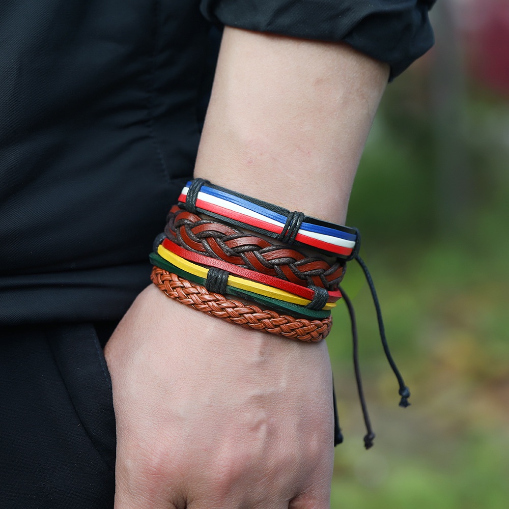 Bộ 4 Vòng Tay Da Bện Nhiều Lớp Đính Hạt Gỗ Thời Trang Cho Nam Nữ