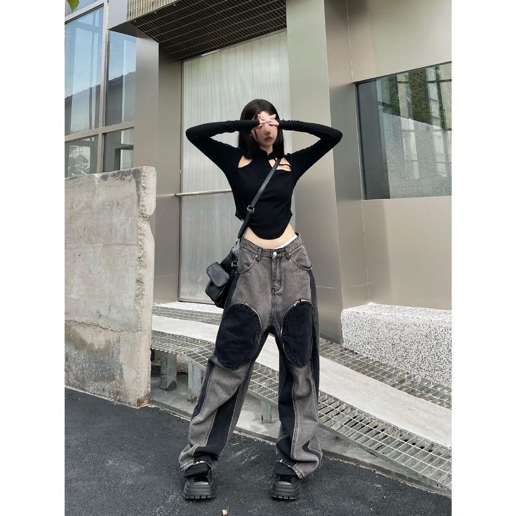 Quần Jean Dài Ống Rộng Phối Túi Lớn Phong Cách Mỹ Cá Tính Cho Nam Và Nữ