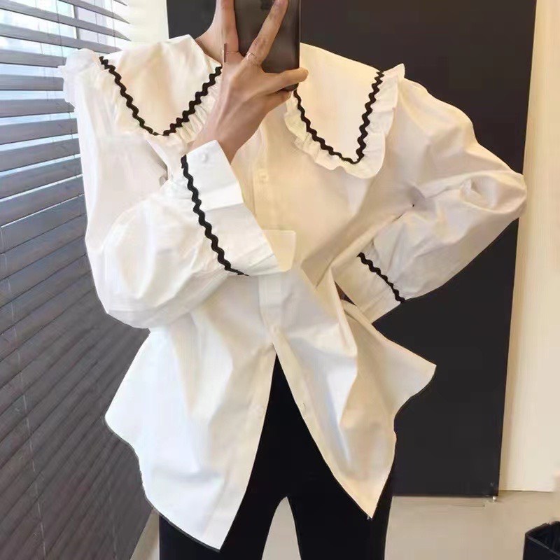 Áo sơ mi cổ bèo viền ren tay bồng- sơ mi nữ dài tay from rộng về 2 màu trắng caro phong cách ulzzang hàn quốc