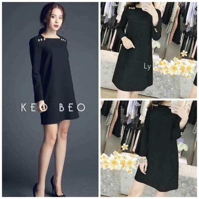 Đầm suông cổ vuông phối nút sang trọng