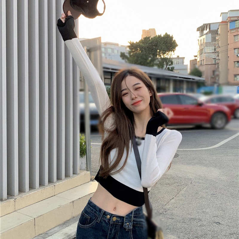 Áo Croptop Dệt Kim Tay Dài Cổ Thuyền Màu Sắc Quyến Rũ Thời Trang Cho Nữ