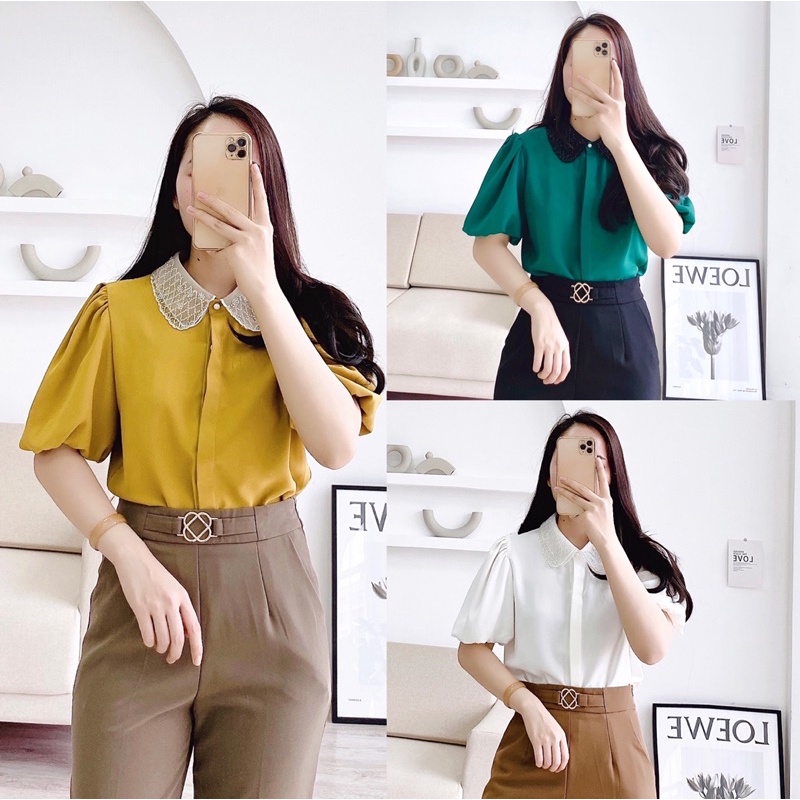 áo sơ mi cổ đá phong cách hàn quốc chất liệu lụa hang mềm mịn không nhăn nhàu mặc đi làm đi chơi A53