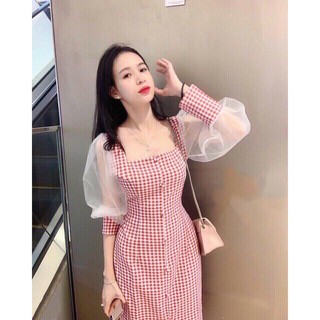 Đầm caro phối tay lưới cực xinh GB15081 mới