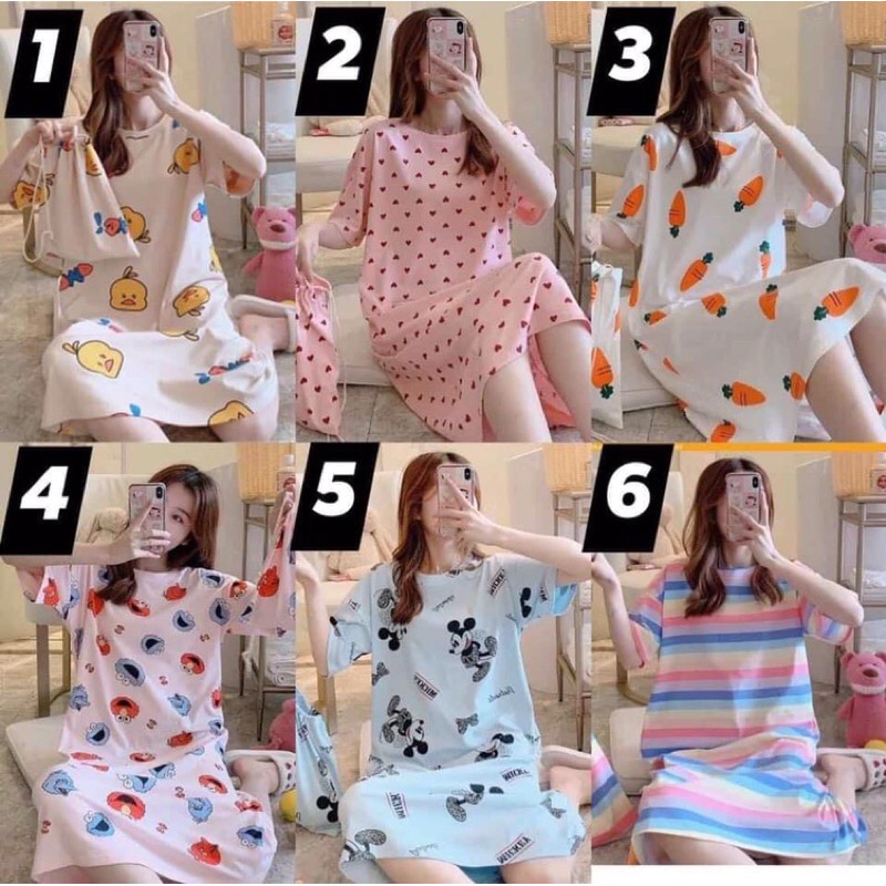 Váy ngủ ngắn tay thiết kế dáng rộng Váy ngủ cotton thun mỏng hoạt hình dễ thương nhiều mẫu