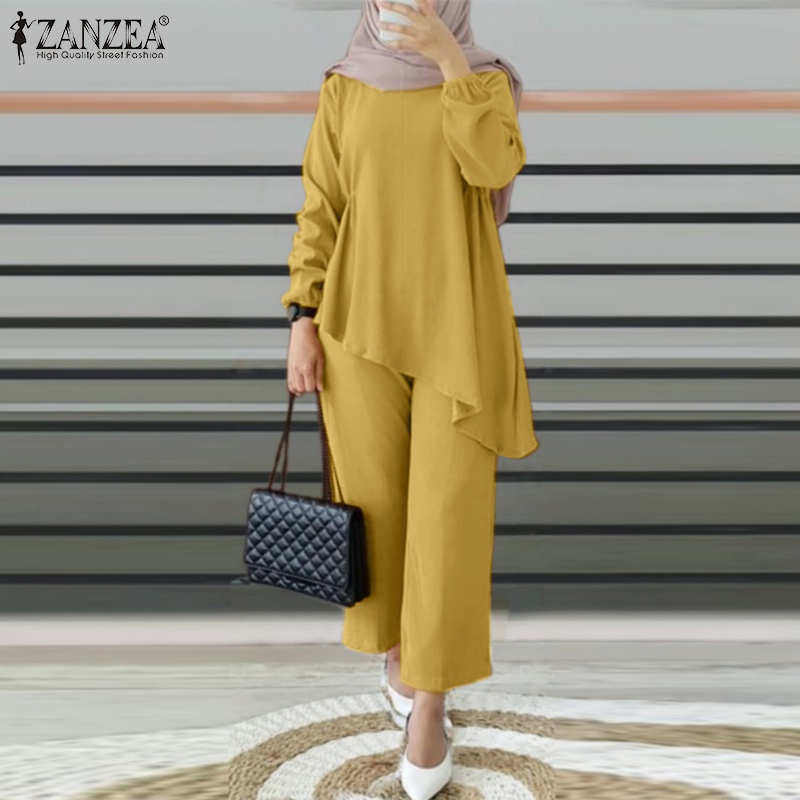 Zanzea Bộ Áo Tay Phồng Màu Trơn Phối Quần Dài Ống Rộng Lưng Thun Thời Trang Cho Nữ