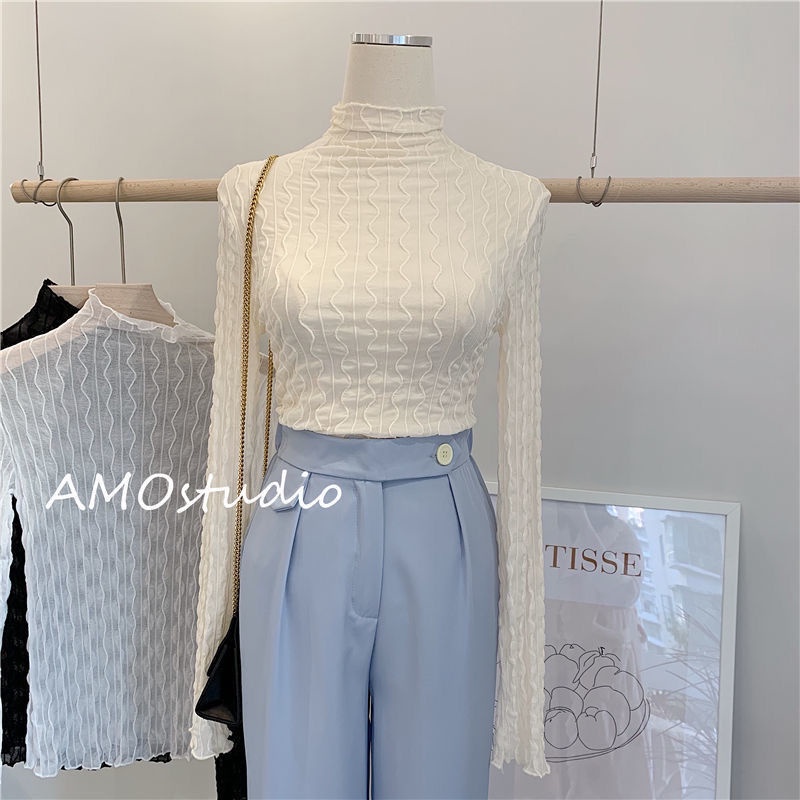 New turtleneck mesh lingerie for ladies in spring and fall sheer lace long-sleeved tops for ladies