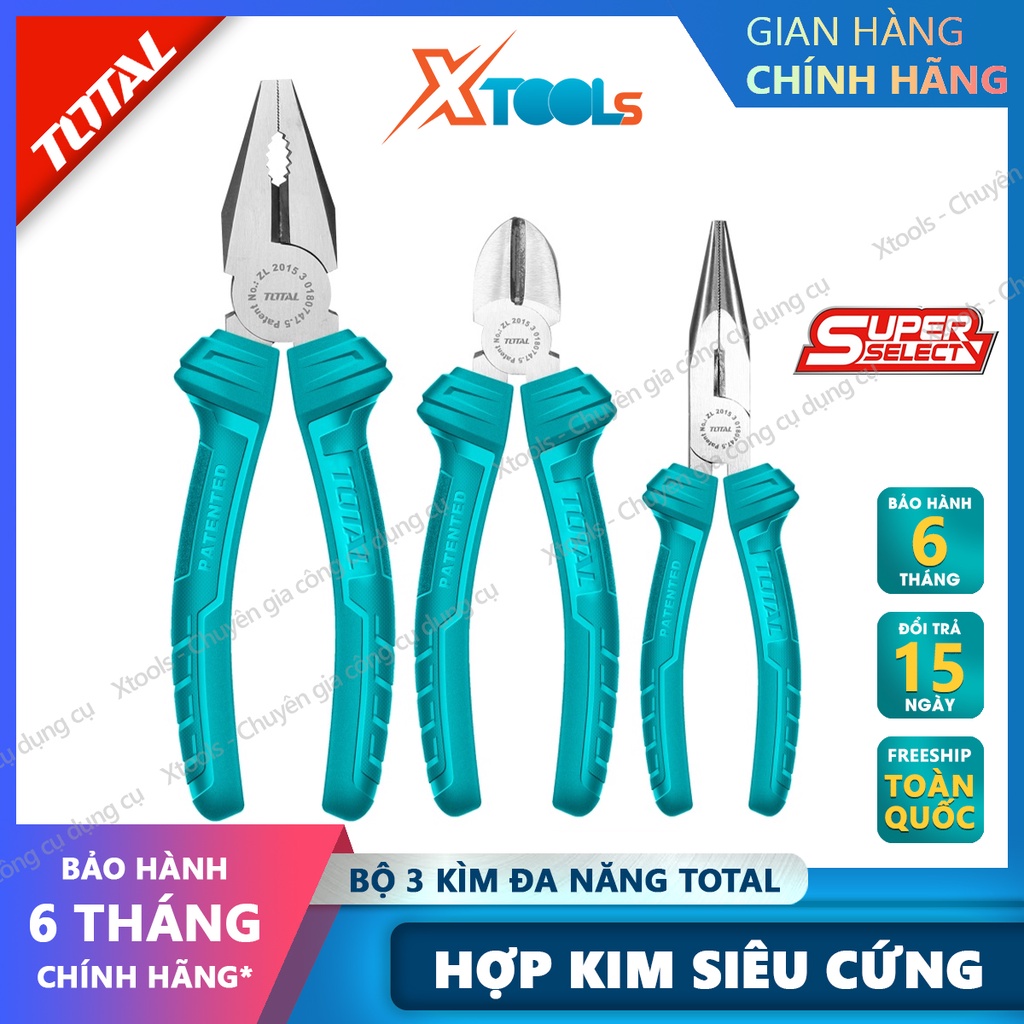 Bộ 3 kìm đa năng cách điện TOTAL THT1K0311 Kềm cắt kềm răng điện kềm mũi nhọn thép CrV siêu cứng bền cắt kẹp tuốt