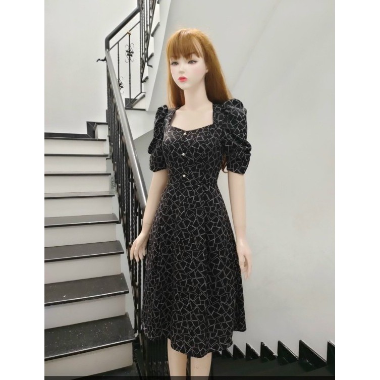 ĐẦM CÔNG SỞ CỔ VUÔNG TAY RÚT HỌA TIẾT KIM CƯƠNG -CHẤT MANGO LỤA CAO CẤP - THIẾT KẾ HAI LỚP -ĐỦ SIZE