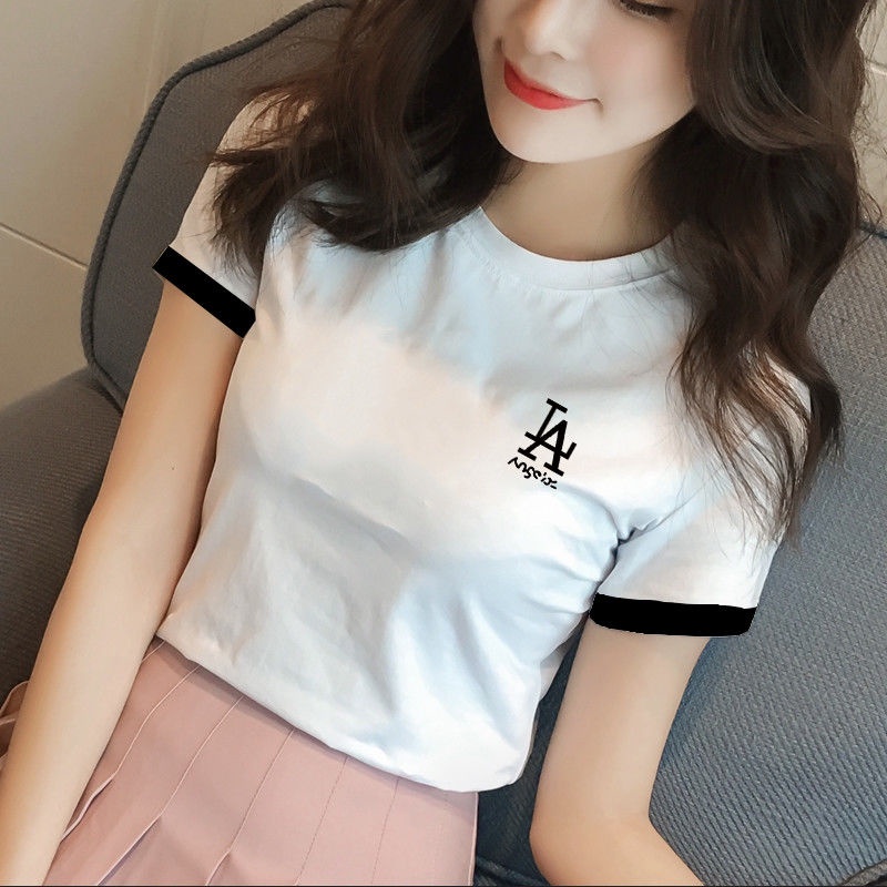 Women's short-sleeved T-shirt black and white contrast simple half-sleeved women's top