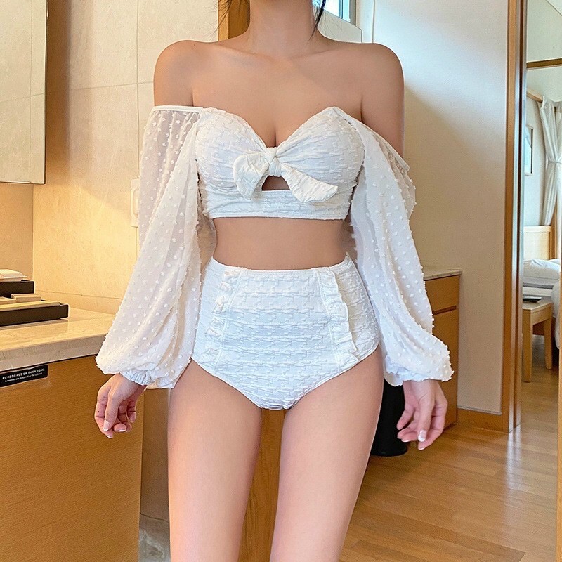 Bikini❤️ FREESHIP❤️ hai mảnh tay dài cột nơ trắng