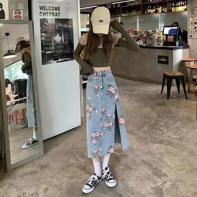 Chân Váy Denim Hoa Xẻ Tà Thời Trang Dành Cho Nữ