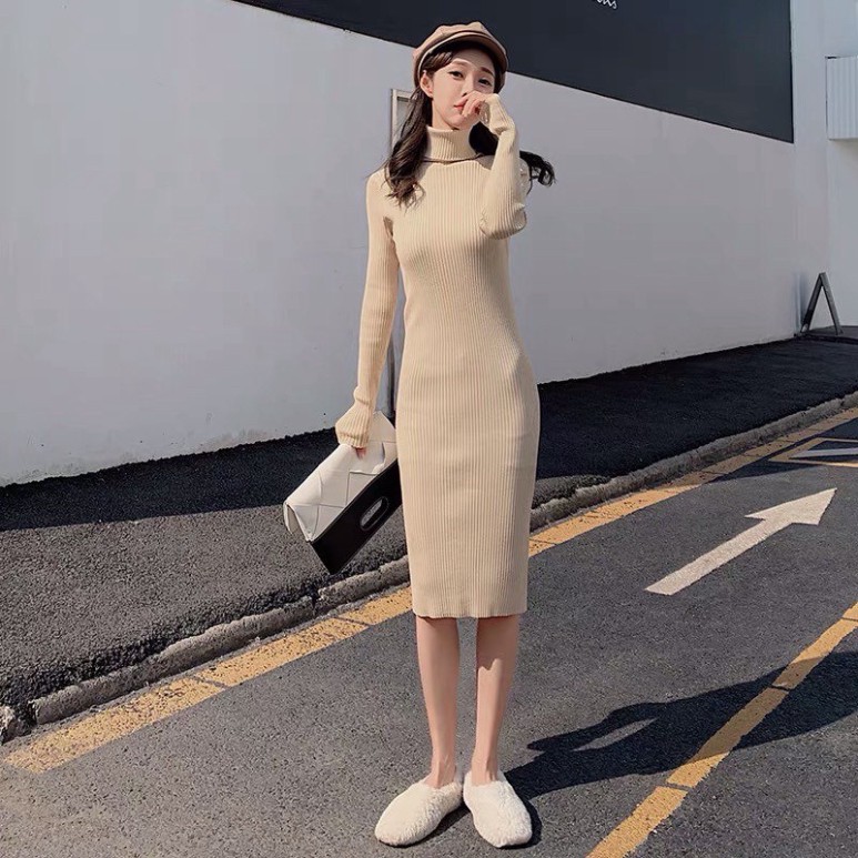 váy len body dáng dài cổ lọ, đầm body len tăm cổ cao thu đông nhiều màu xinh xắn ulzzang chất đẹp chất xuất dư | BigBuy360 - bigbuy360.vn