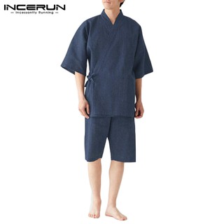 Set đồ ngủ INCERUN gồm áo tay ngắn cổ chữ V + quần đùi màu trơn cho nam
