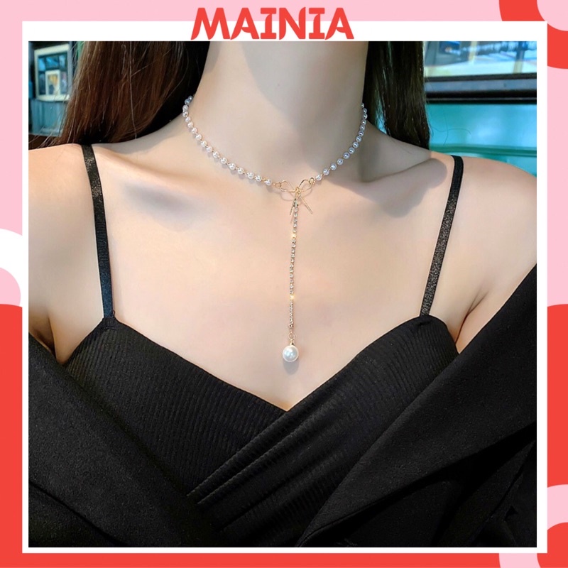 [ Bao Đẹp] Dây Chuyền Vòng Cổ Dáng Dài Hình Nơ Đính Đá Phong Cách Hàn Quốc Sang Chảnh Mainia Shop