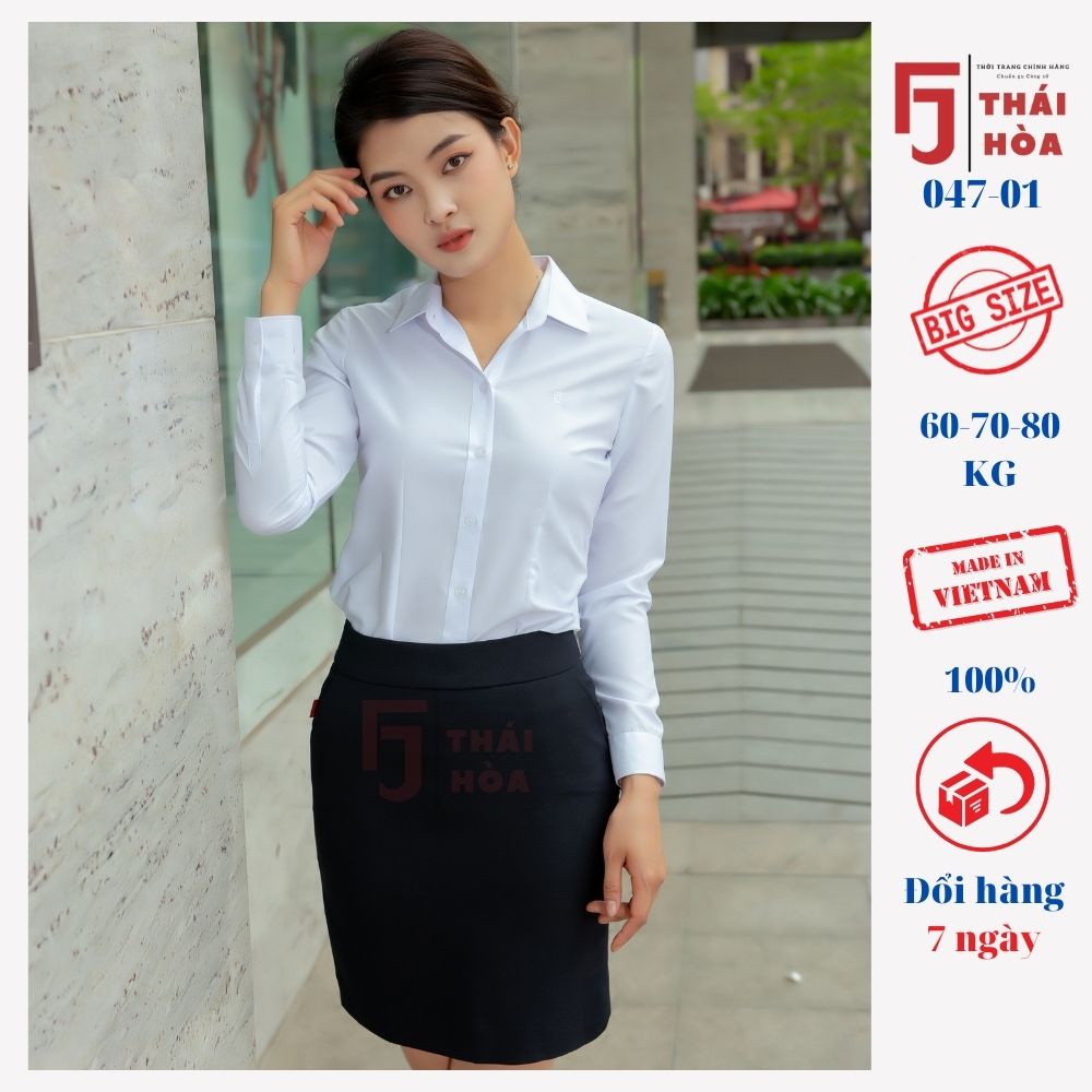 Áo sơ mi trắng nữ tay dài kiểu công sở đẹp bigsize vải cotton Thái Hoà 047-01-01