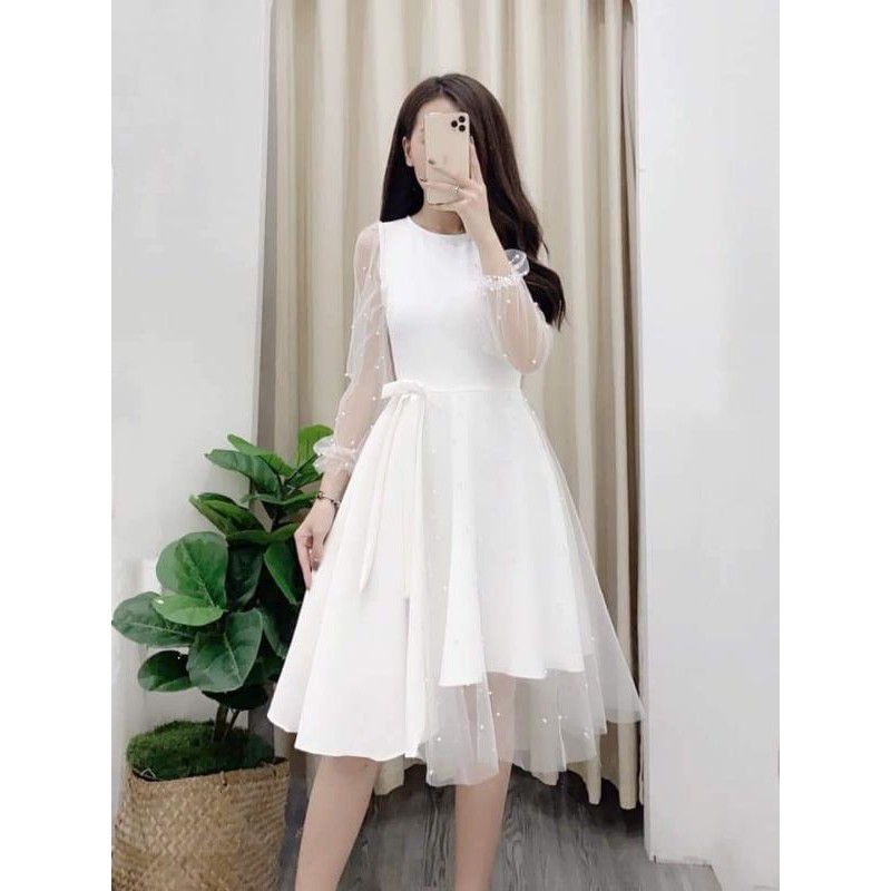 Váy trắng nữ dự tiệc tay dài dáng xòe Jina đi tiệc đi chơi đi cưới | BigBuy360 - bigbuy360.vn