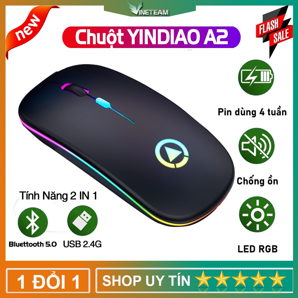 Chuột không dây bluetooth YINDIAO A2 sạc pin chống ồn có LED thiết kế ôm tay thoải mái tương thích laptop , pc  -dc4742