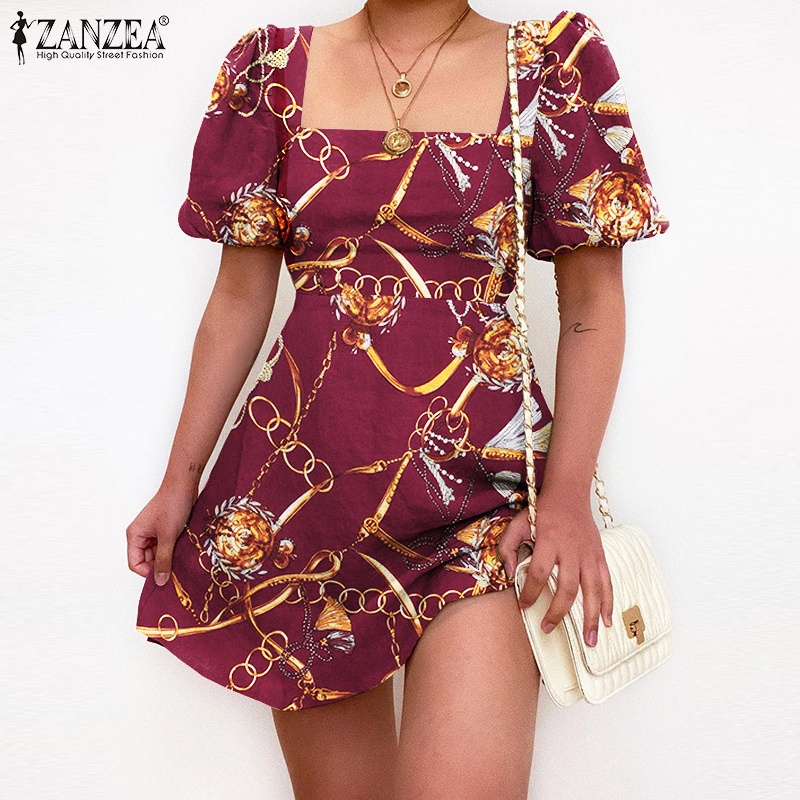 Đầm ngắn ZANZEA thời trang tay phồng cổ áo vuông họa tiết dây mắt xích in giản đơn dành cho nữ