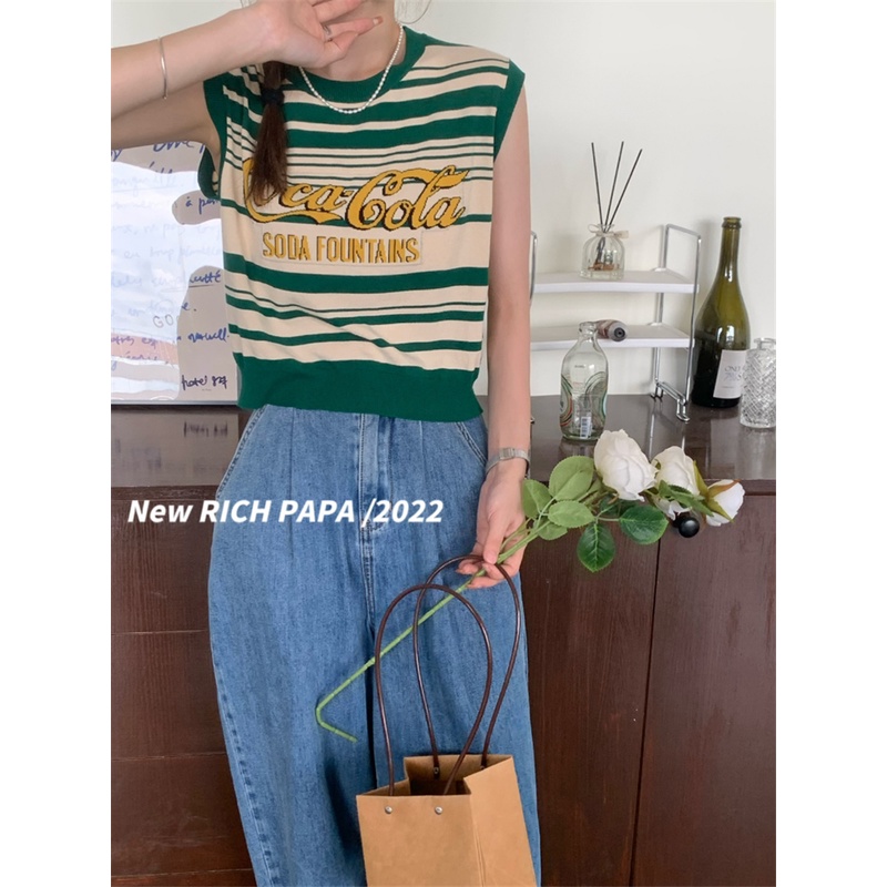 Áo tanktop XIAOZHAINV vải dệt kim sát nách kẻ sọc in chữ kiểu retro Hàn Quốc xinh xắn cho nữ