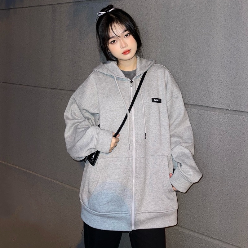 ÁO KHOÁC HOODIE ZIP NAM NỮ MŨ RỘNG FORM RỘNG UNISEX MÀU GREY XÁM FUNKY