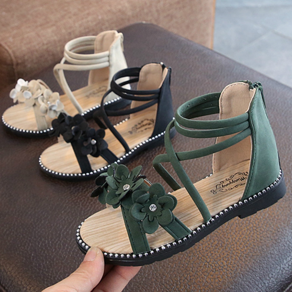 3-16 Years Girls Sandals Rome Summer Shoes Princesses Sandals Party Shoes Black Green Bling Diamond Size 26-36