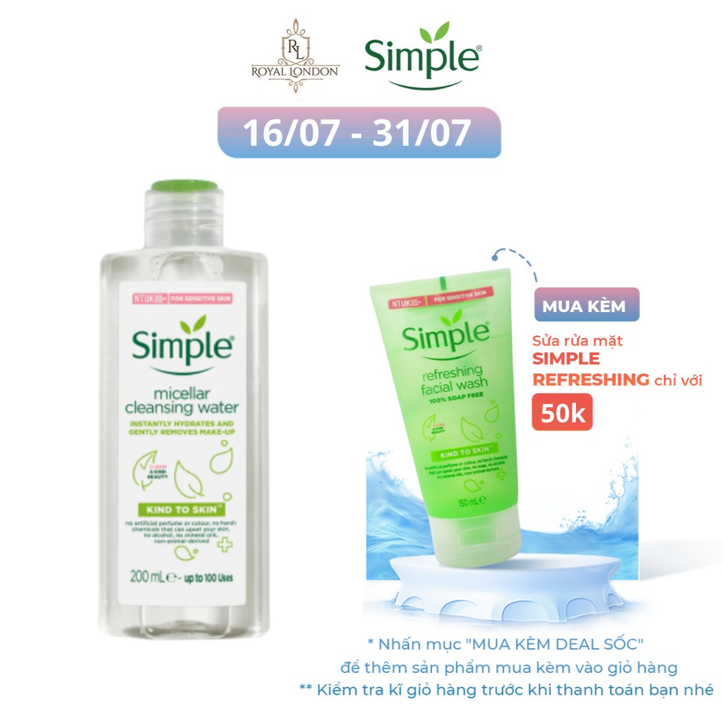 [Mã FMCGMALL -8% đơn 250K] Nước Tẩy Trang Dịu Nhẹ Simple Kind To Skin Micellar Water 200ml