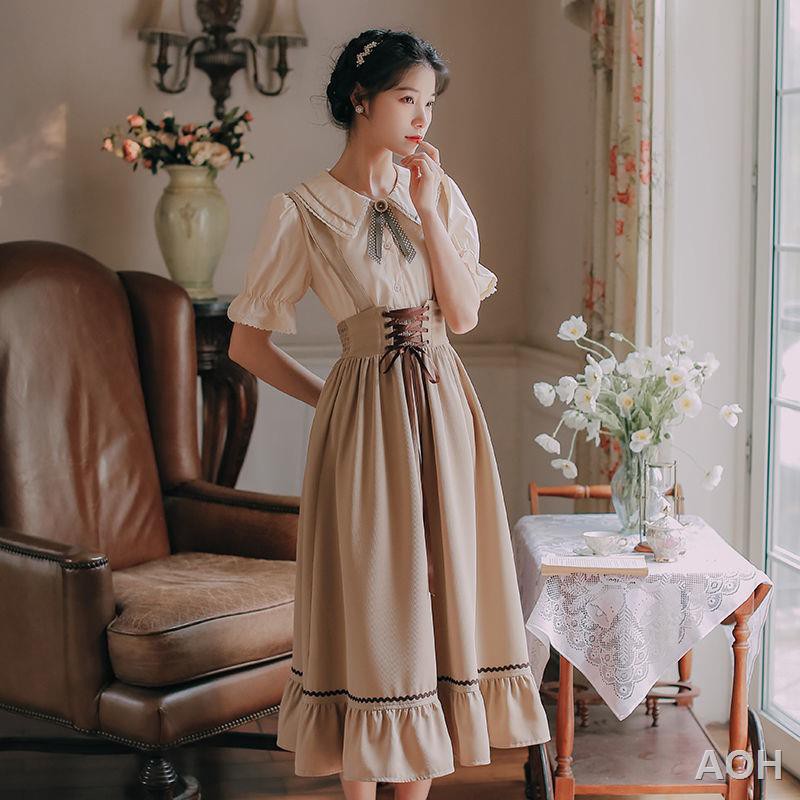 phụ nữ mùa hè mới váy dây đeo cổ điển văn học cổ điển Pháp áo sơ mi thắt nơ nhỏ Bộ đồ mới mẻ