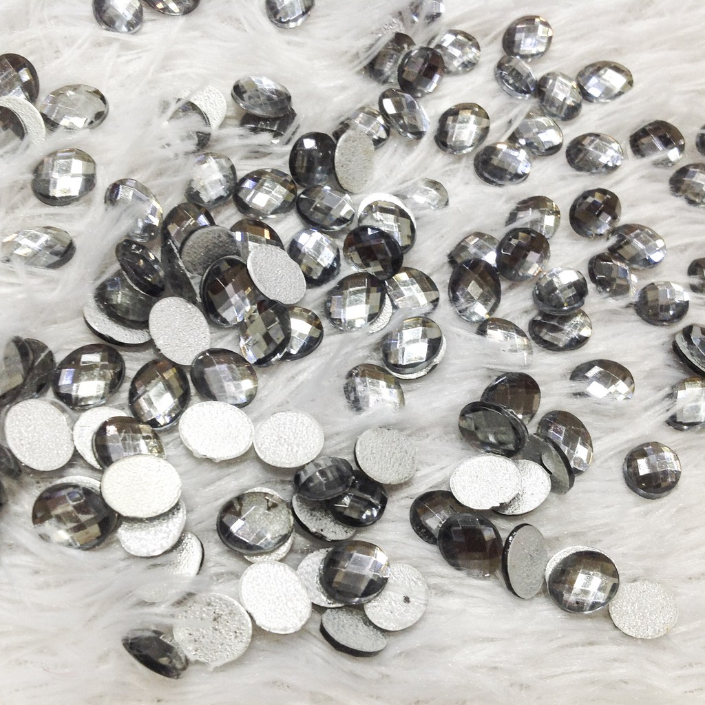 10 hạt đá ủi nhiệt xám bạc tròn oval size 1cm lấp lánh đính kết dán trang phục