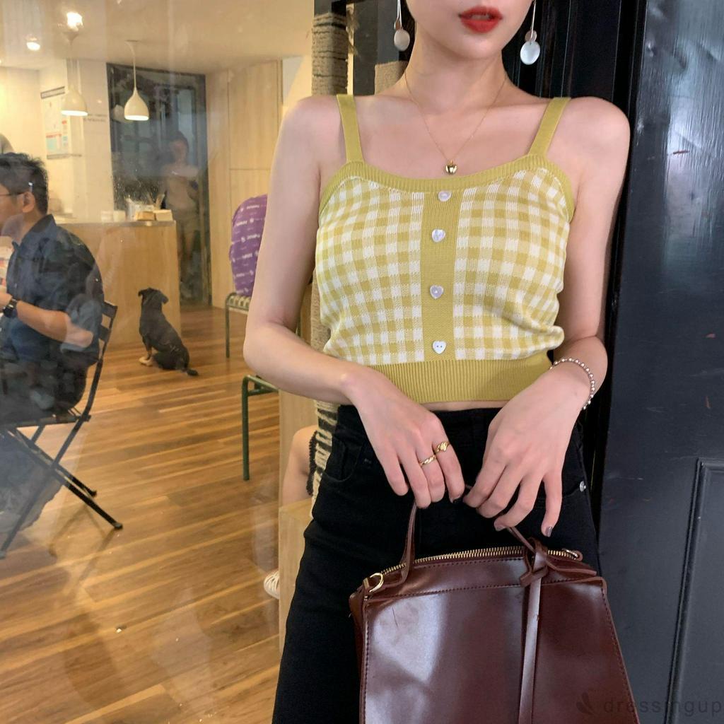 Áo Hai Dây Họa Tiết Caro Phong Cách Vintage Thời Trang Cho Nữ