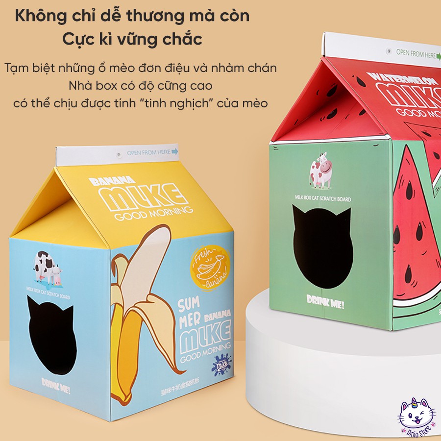 Hộp box nhà catton kèm bàn cào móng cho mèo, hình hộp sữa - Tặng kèm catnip