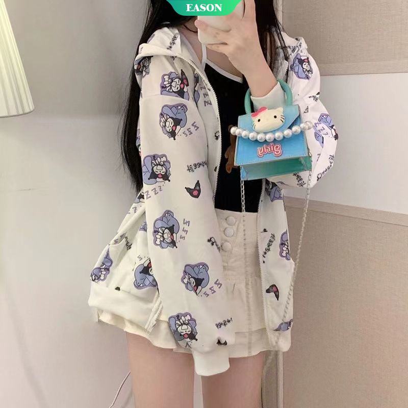 Áo Khoác Sweater Dáng Rộng Có Mũ Trùm Phối Khóa Kéo In Hoạt Hình Sanrio Kulomi Kiểu Nhật Bản Thời Trang Thu Đông Cho Học Sinh