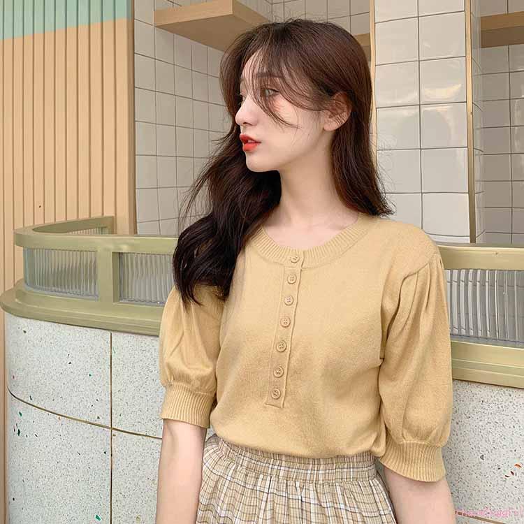 Áo Tay Phồng Cổ Tròn Trơn Màu Xinh Xắn Dành Cho Nữ