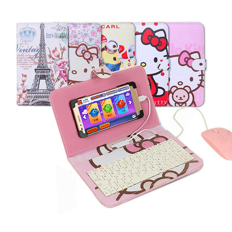 Combo bao da bàn phím + Chuột + lót chuột hình HELLOKITTY cho điện thoại, máy tính bảng từ 4 đến 7 inch