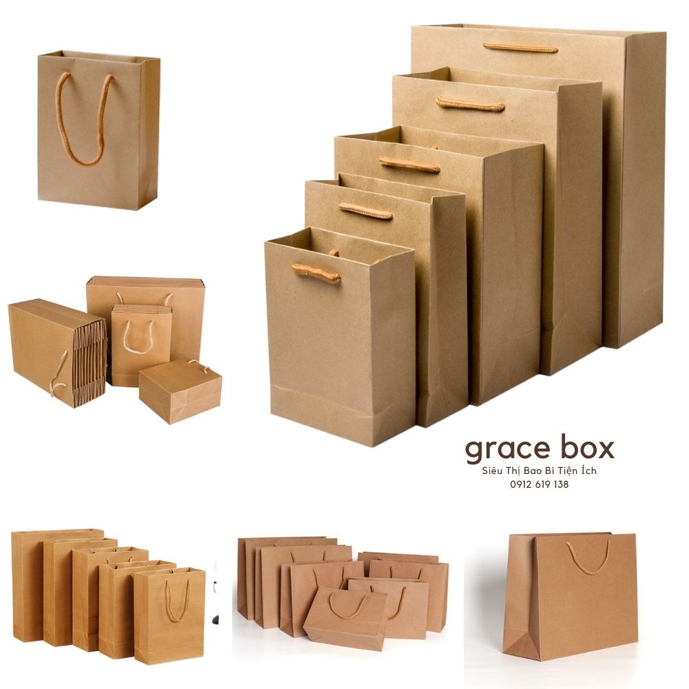 Túi Giấy Kraft Đựng Quà Mỹ Phẩm Có Quai Dây Vải Chắc Chắc 14x18x6 - Shin Store