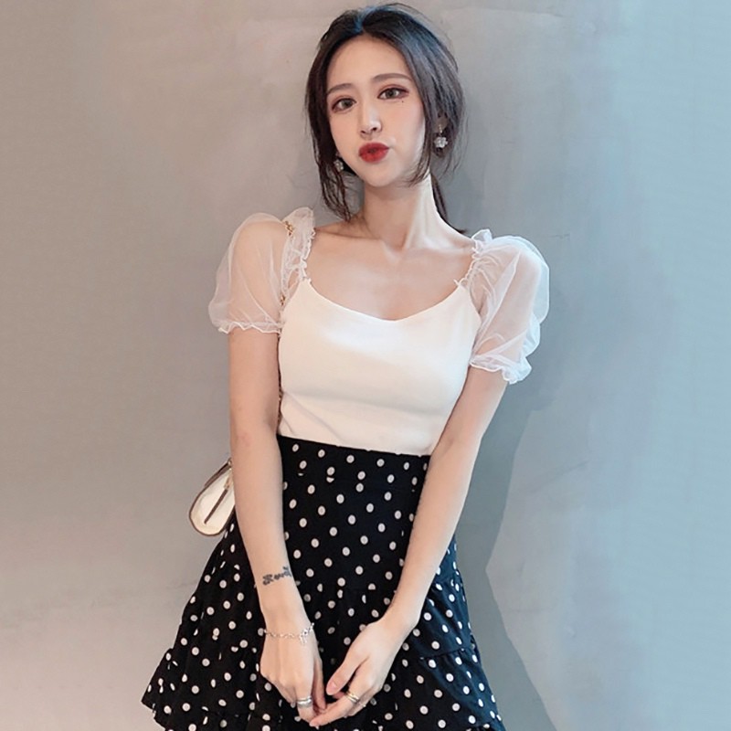 Áo Thun Nữ Tay Ngắn Cổ Chữ U Phối Lưới