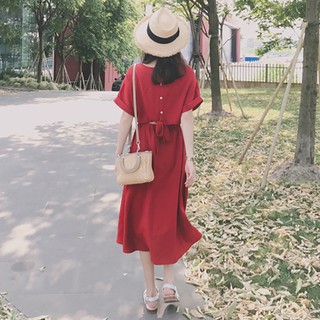 Váy đỏ cộc tay dáng dài buộc nơ eo Vintage (ORDER)- Có ảnh thật
