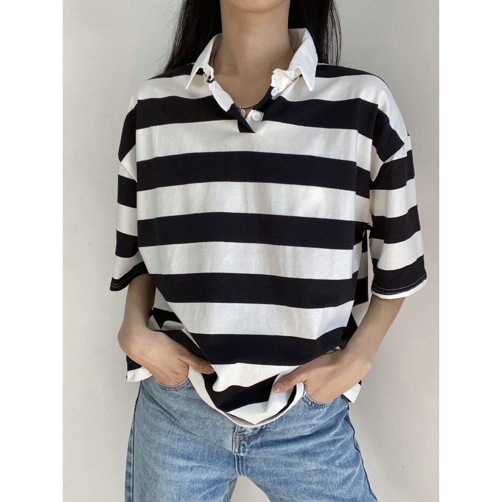 Striped lapel polo shirt Japanese ins cotton short-sleeved T-shirt women loose Korean style versatile bf lazy style top