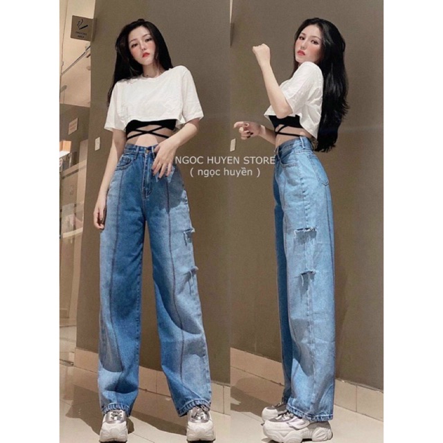 Quần baggy jeans ống rộng, quần bò jean baggy ống rộng lưng cao rách gối phối màu